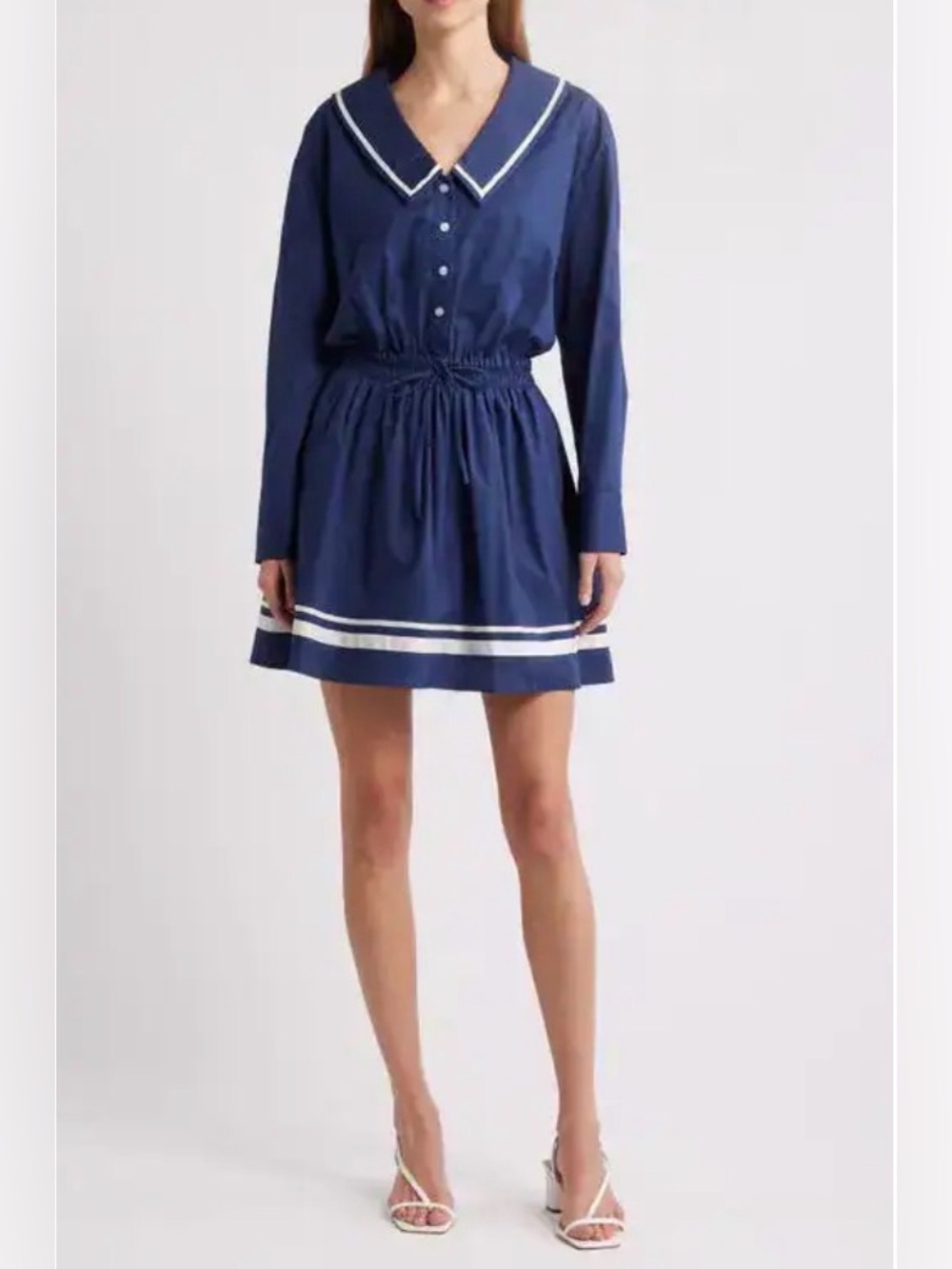 Charles Henry Navy Long Sleeve Stretch Cotton Sailor Mini Dress - medium